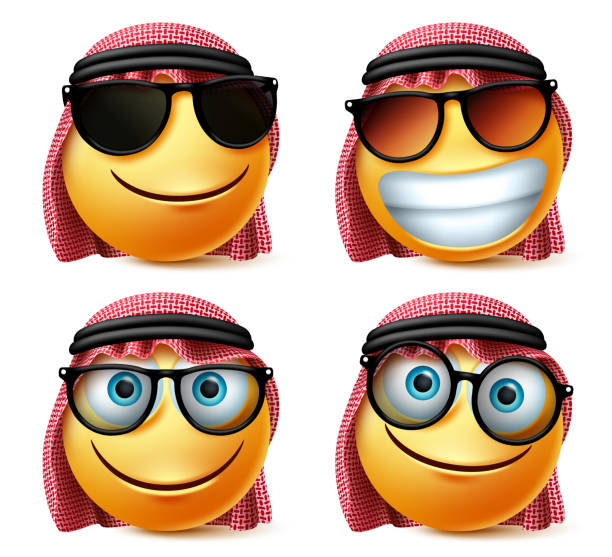 Saudi arab vector emoji glasses emoticon set. Saudi arab emoticon face wearing sunglasses and eyeglasses. Saudi arab vector emoji glasses emoticon set. Saudi arab emoticon face wearing sunglasses and eyeglasses in smiling, joyful and happy facial expression in 3d realistic character isolated in white background. Vector illustration. arabian sunglasses stock illustrations