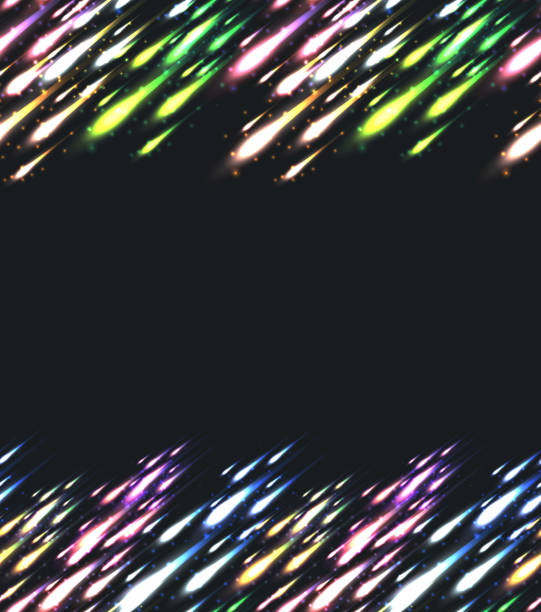 istock Festive card with fireworks and shooting stars on a dark background. Shiny and sparkling backdrop. Vector christmas template 1190974649