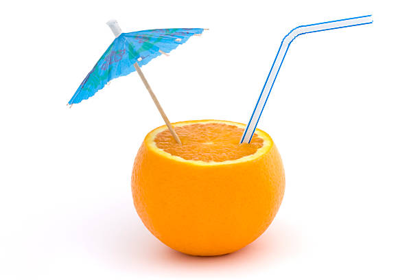 Table top, orange juice served with decorated with orange peel spiral orange fruit 3D illustration 2. Perspective, sky background. Collection.