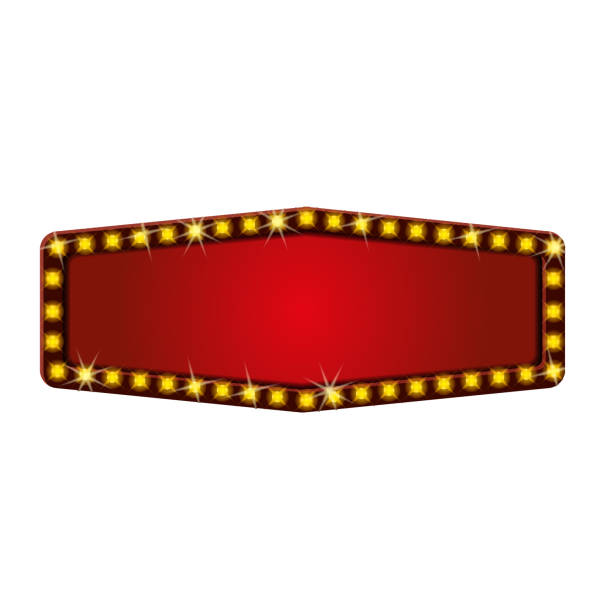 istock Red retro frame with glowing lamps template. Vintage billboard, bright signboard, light banner. Vector isolated advertising, promotions 1190977199