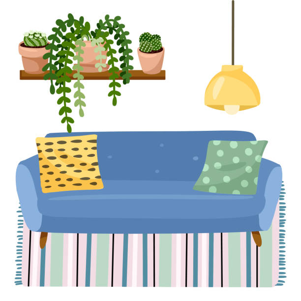 ilustrações de stock, clip art, desenhos animados e ícones de stylish scandic living room interior - sofa on a carpet and potted plants. home lagom decorations. cozy season. modern comfy apartment furnished in hygge style. vector illustration - scandic