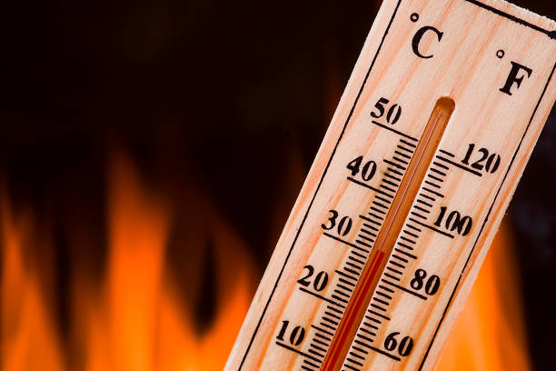 istock Climate change concept, wooden thermometer on flames background 1190985716