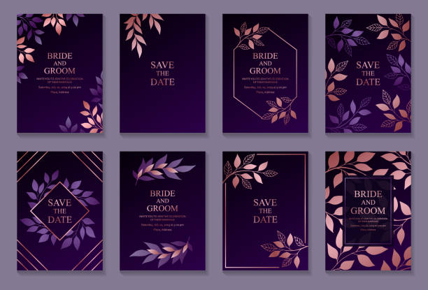 Set of luxury floral wedding invitation design or greeting card templates. Set of eight cards with rose gold branches and leaves on a purple background. thank-you-gold-greeting-card stock illustrations