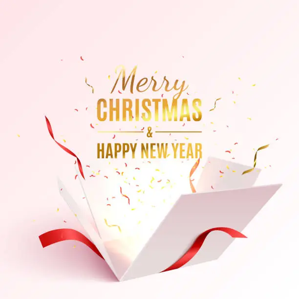 Vector illustration of Gift box with red ribbon and bow. Merry Christmas and Happy New Year banner.