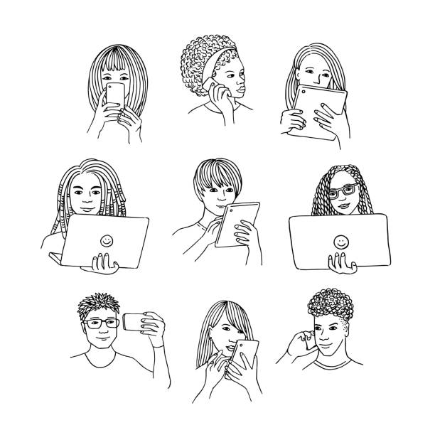 People using various devices vector art illustration