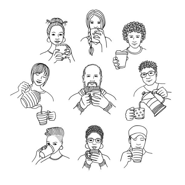 Various people drinking coffee vector art illustration