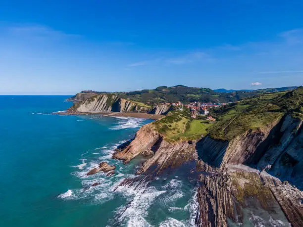Photo of Aerial view of rock formations at Zumaia or Itzurun beach in Spain