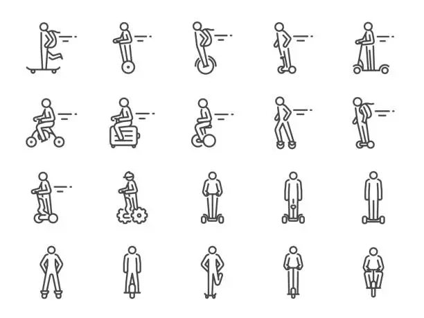 Vector illustration of Personal transportation icon set. Included icons as skateboard, longboard, hoverboard, People riding segway, electric mono wheel, kick scooter and more.