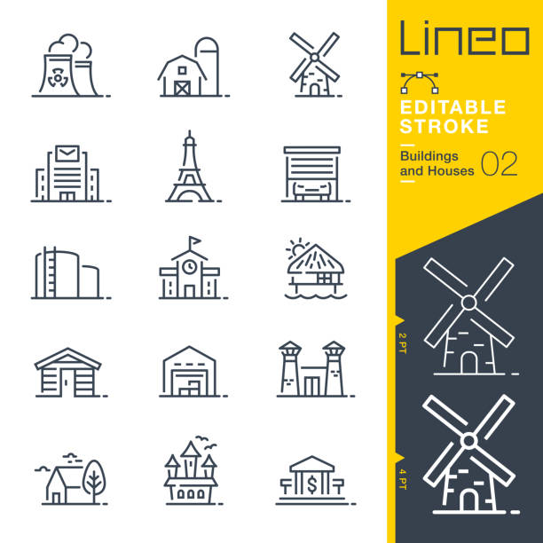 lineo editable stroke - ikony konspektu budynków i domów - tower building stock illustrations