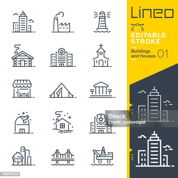 Ilustración de Trazo Editable De Lineo Los Edificios Y Casas Describen Los Iconos y más Vectores Libres de Derechos de Ícono