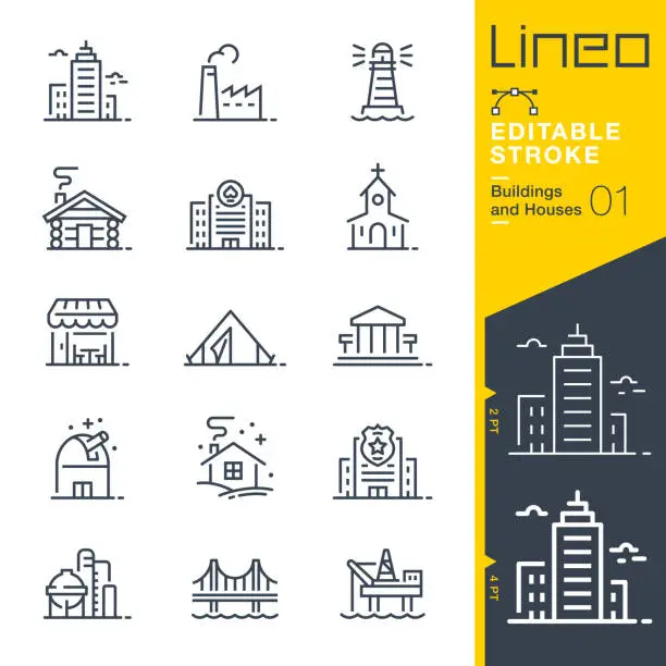 Vector illustration of Lineo Editable Stroke - Buildings and Houses outline icons