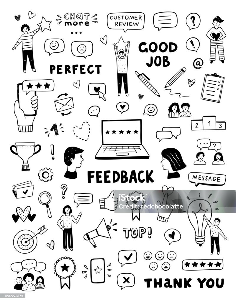 Feedback vector icons and symbols. Hand drawn customer care service concept. Cute doodles for business, review and advices Doodle stock vector