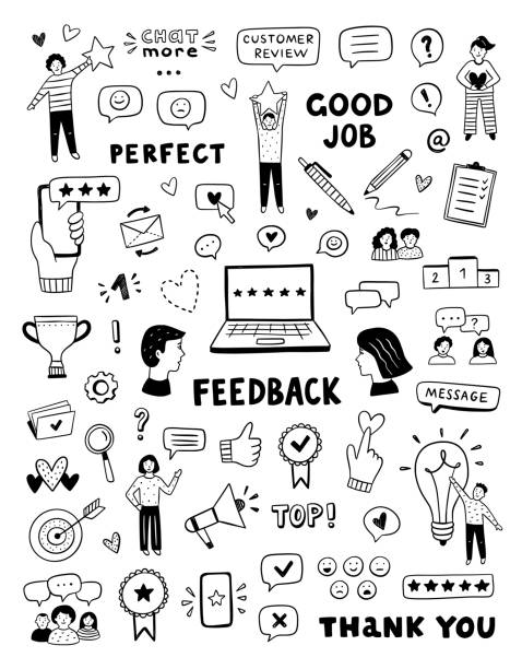 Feedback vector icons and symbols. Hand drawn customer care service concept. Cute doodles for business, review and advices Feedback vector icons and symbols. Hand drawn customer care service concept. Cute doodles for business, review and advices service drawings stock illustrations