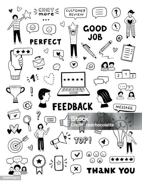 Feedback Vector Icons And Symbols Hand Drawn Customer Care Service Concept Cute Doodles For Business Review And Advices Stock Illustration - Download Image Now