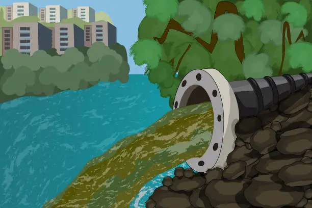 Vector illustration of Wastewater. Drainage pipe with dirty waste in the city. Dirty water stems from the pipe polluting the river discharge of liquid chemical waste.