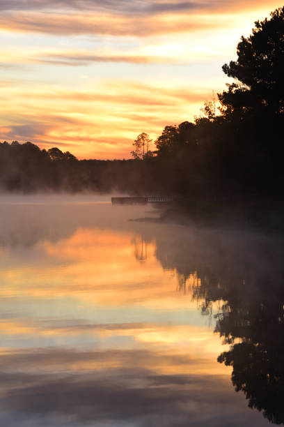Grey hues in light cloud layers at sunrise with a forest lake steaming below. Photo taken at Blackwater River State Forest in Northwest Florida. Nikon D750 with Nikon 105mm macro lens
