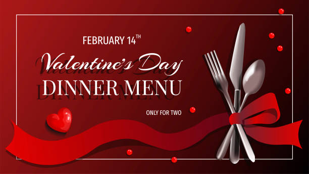istock Valentine's Day Menu design with fork, spoon, knife and ribbon on the red background. Romance, 14 February, Dinner, Eating concept. 1190995640