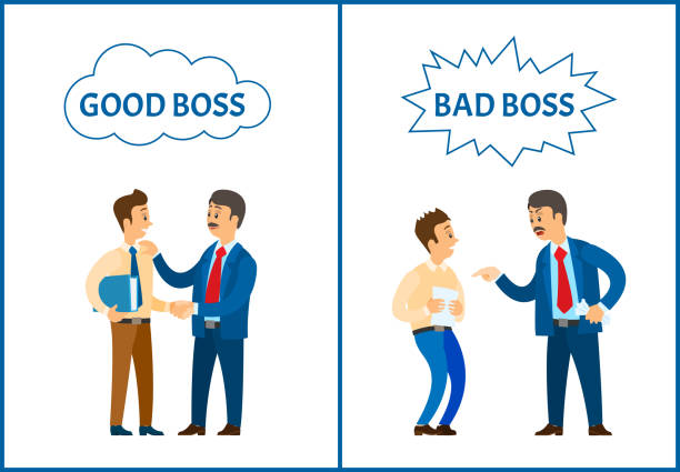 ilustraciones, imágenes clip art, dibujos animados e iconos de stock de good and bad boss, chief executive in work set - manager rudeness bossy using voice