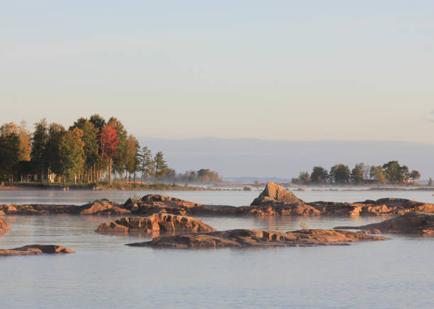 Autumn day in Vita Sannar, Sweden. Morning scene at the shore of Lake Vanern. stock photo