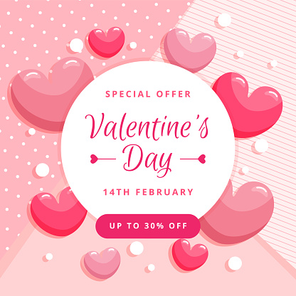 Pink web backdrop for Valentines Day sale. Spe ial offer with hearts and decorations. Flat style. Vector illustration.