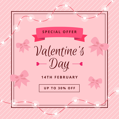 Pink web backdrop for Valentines Day sale. Spe ial offer with hearts decorations and place for text. Flat style. Vector illustration.