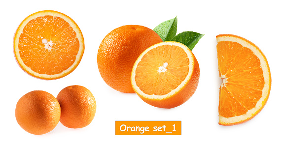 Oranges and slices on white background