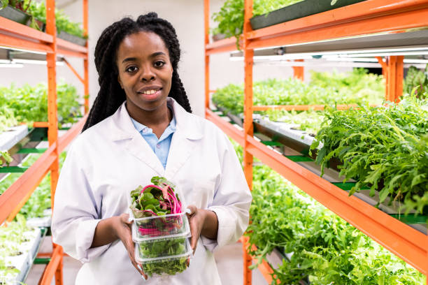 istock Young smiling female greenhouse worker with stack of containers 1191015409