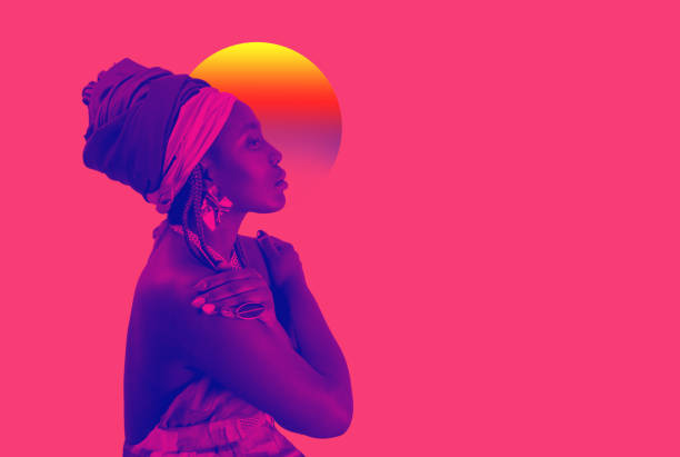 Retro wave, neon vapor wave portrait of African young woman with ethnic headwrap. Blue and pink duotone. Retro wave, neon vapor wave portrait of African young woman with ethnic headwrap. Blue and pink duotone. Copy space. Studio shot. Fashion style. Mixed media art, collage. african musical instrument stock pictures, royalty-free photos & images