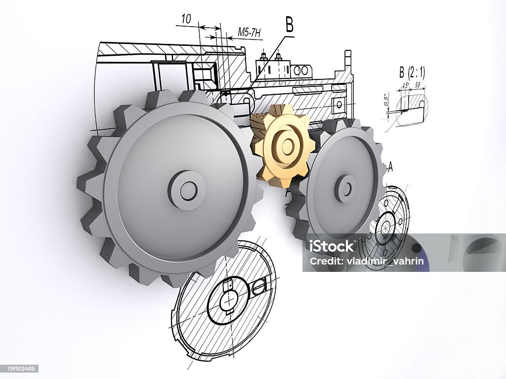 metallic-Getriebe vor dem Hintergrund der technischen Zeichnungen - Lizenzfrei Abstrakt Stock-Foto