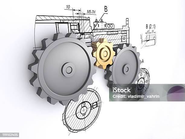 Metallicgetriebe Vor Dem Hintergrund Der Technischen Zeichnungen Stockfoto und mehr Bilder von Abstrakt