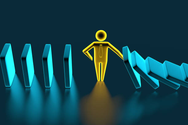 istock Man figure stopping the domino effect. 3D rendering 1191025082