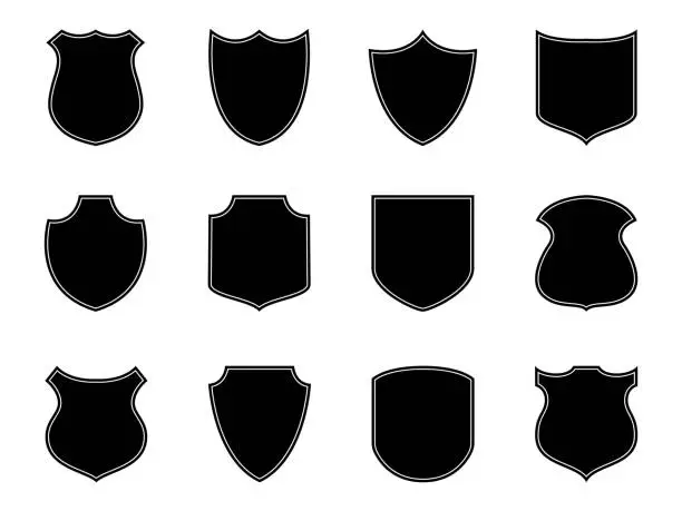 Vector illustration of Police badge label. Military logo, shield emblem. Security badge silhouettes. Flat football patch. Set of armor safety. Soccer badge isolated on white background. Police emblem or stamp. vector