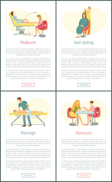 ilustrações de stock, clip art, desenhos animados e ícones de pedicure and manicure massage posters set vector - toenail hair salon cosmetics make up