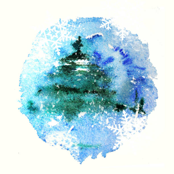 Christmas or winter seasonal background on blue texture with stars, snow, and a silhouette Christmas tree framing the scene.  Great seasonal background.