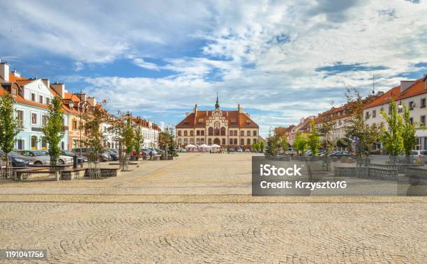 Market Square In Pisz With The Historic Town Hall Masuria Poland Stock Photo - Download Image Now