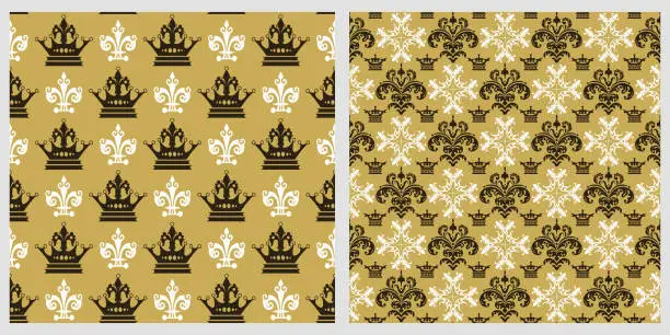 Vector illustration of Decorative seamless patterns. Two background wallpaper in vintage style. Seamless vector backgrounds. Set of patterns. Colors in the image: black, gold, white. Exquisite graphic design. Vector