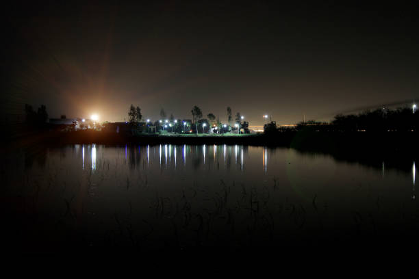 City at night near pond.