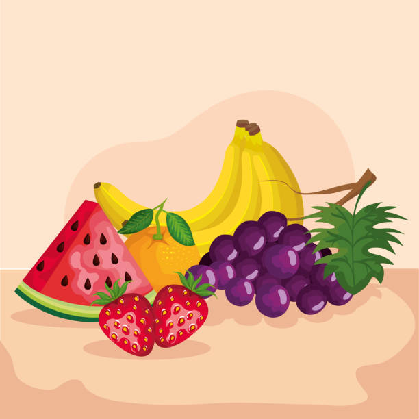 istock Grapes strawberries watermelon orange and banana vector design 1191049812