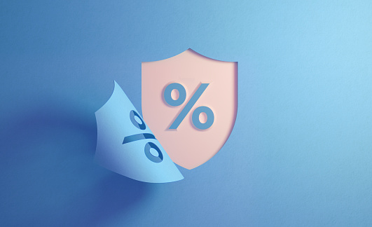 Blue shield and percentage sign on white background. Horizontal composition with copy space.