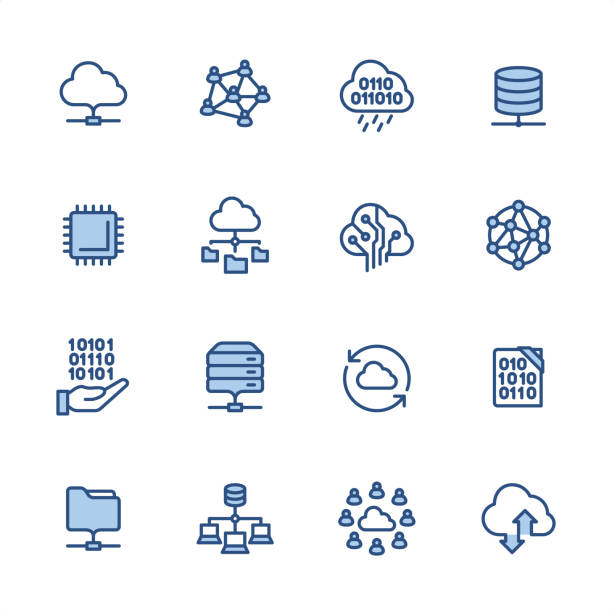 Cloud Computing - Pixel Perfect blue outline icons 16 indigo and blue Cloud Computing icons set #64
Pixel perfect icon 48x48 pх, outline stroke 2 px.
First row of icons contains:
Cloud Computing, Group of People, Data rain, Network Server;
Second row contains:
CPU, Organization Chart, Circuit Board, Global IT- infrastructure;
Third row contains:
Coding, Hard Drive, Exchanging, Software Engineering;
Fourth row contains:
File, Computing Cluster, Teamwork, Upload Cloud.
Complete Indigico collection - https://www.istockphoto.com/collaboration/boards/t5bVQfKvf0a-h6WHcFLuIg flowchart symbols programming stock illustrations