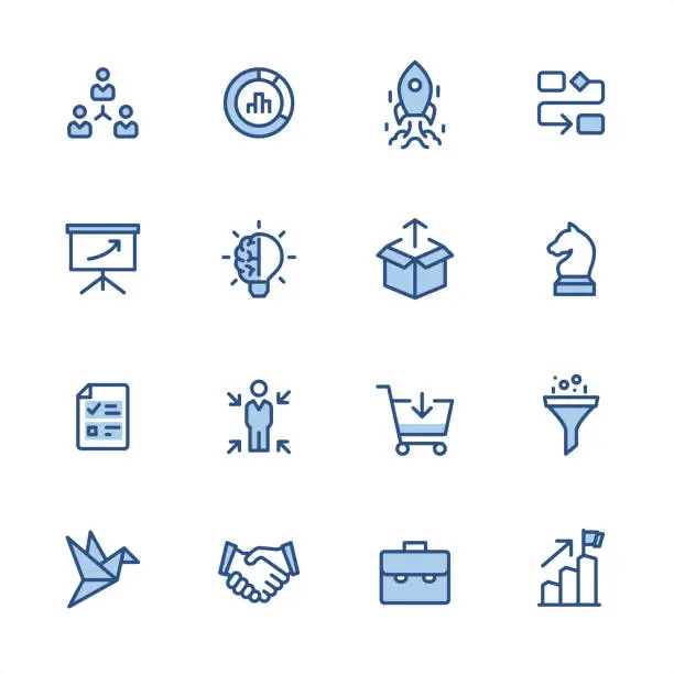 Vector illustration of Product Management - Pixel Perfect blue outline icons