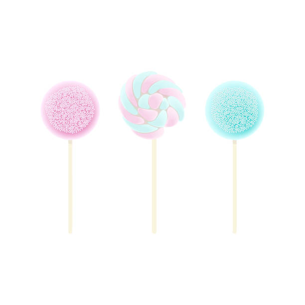 istock Three Lollipops pink, blue, Rainbow swirl set isolated on white. icing and sprinkles 1191053207