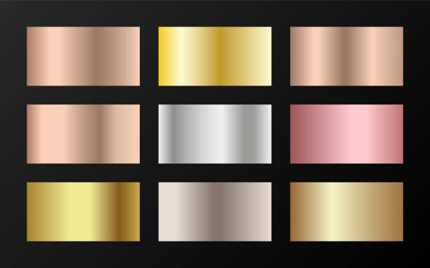 istock Metallic foil texture silver, steel, chrome, platinum, copper, bronze, aluminum, rose gold gradient swatches. 1191053353