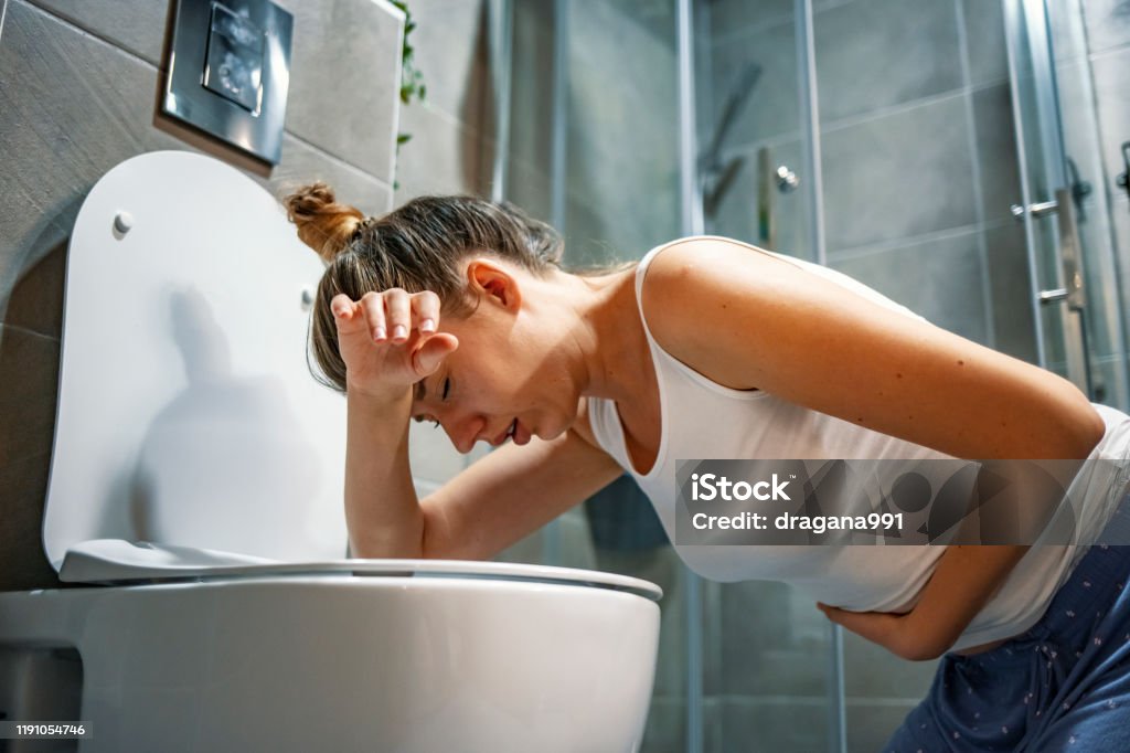 Young caucasian woman in toilet Young caucasian woman in toilet - pregnant, drunk or illness concept. Young dark-haired woman vomiting in toilet. Woman getting sick and vomiting over a toilet bowl kneeling down with her arms resting on the seat Vomit Stock Photo