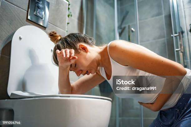 Young Caucasian Woman In Toilet Stock Photo - Download Image Now - Vomit, Nausea, Pregnant