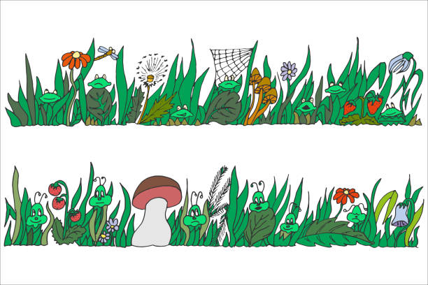 草と2つのパノラマ細長いフリーハンド図面 ベクターアートイラスト