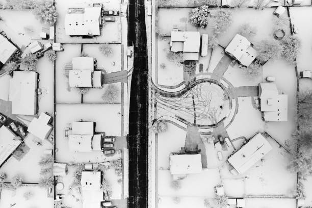 Snowy Neighborhood Drone Aerial View