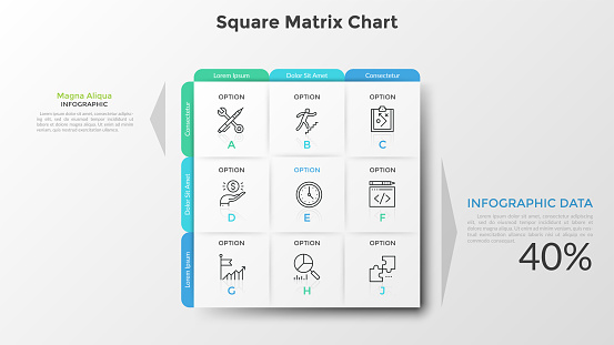 Square matrix chart or table. Nine paper white rectangular elements with thin line icons and letters inside, text boxes. Clean infographic design template. Vector illustration for presentation.