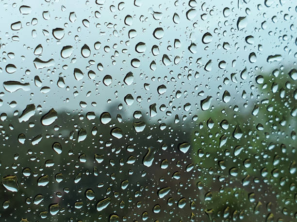 istock Raindrops at glass window, Trees on background. 1191064381