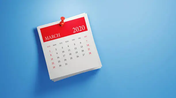 2020 post it March calendar on blue background. Horizontal composition with copy space. Calendar and reminder concept.